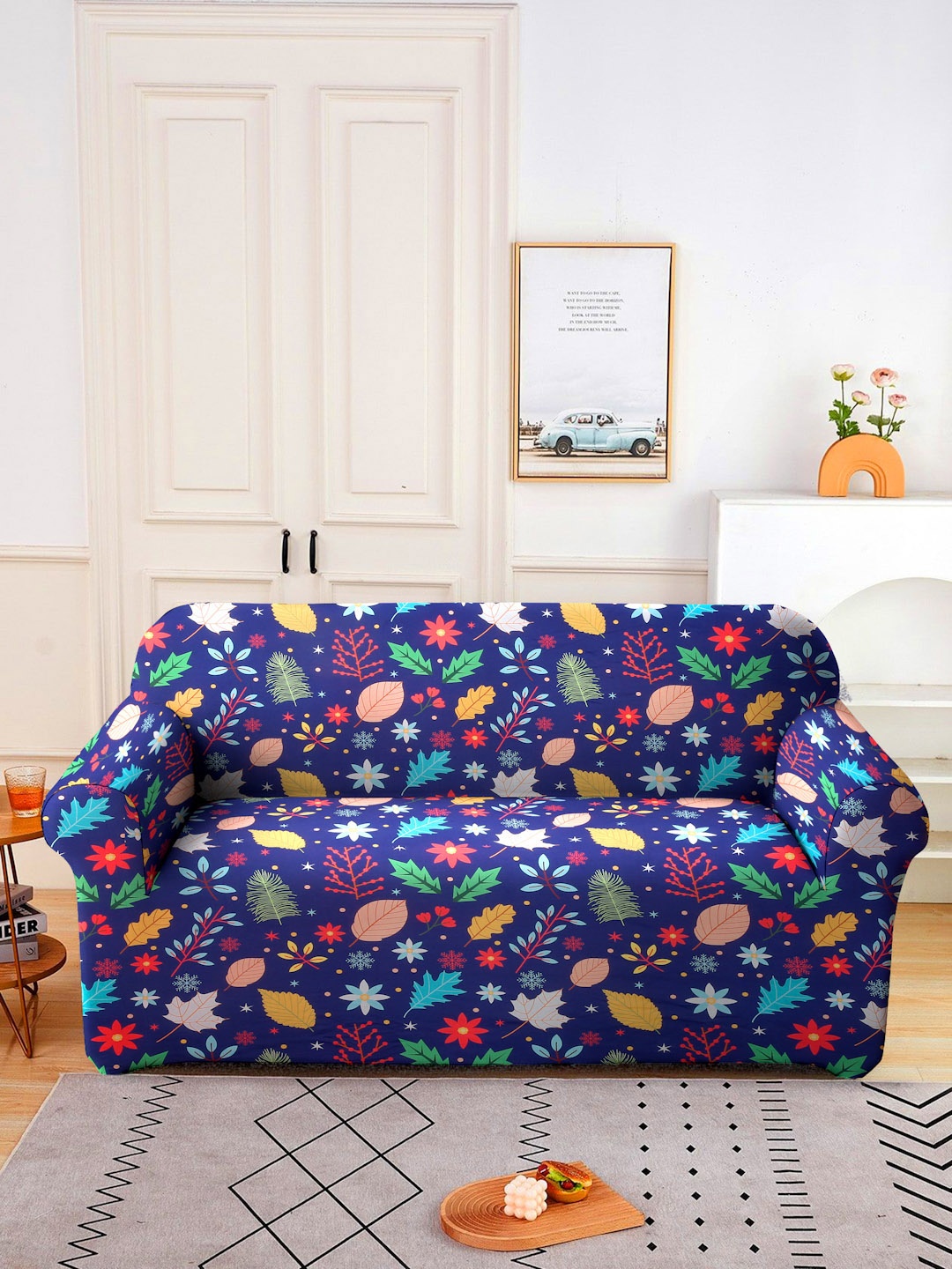 

Cortina Navy Blue & Orange Printed 2-Seater Sofa Cover
