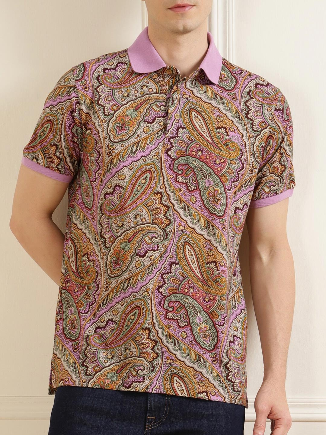 

ETRO Men Orange & Purple Printed Polo Collar Pure Cotton T-shirt