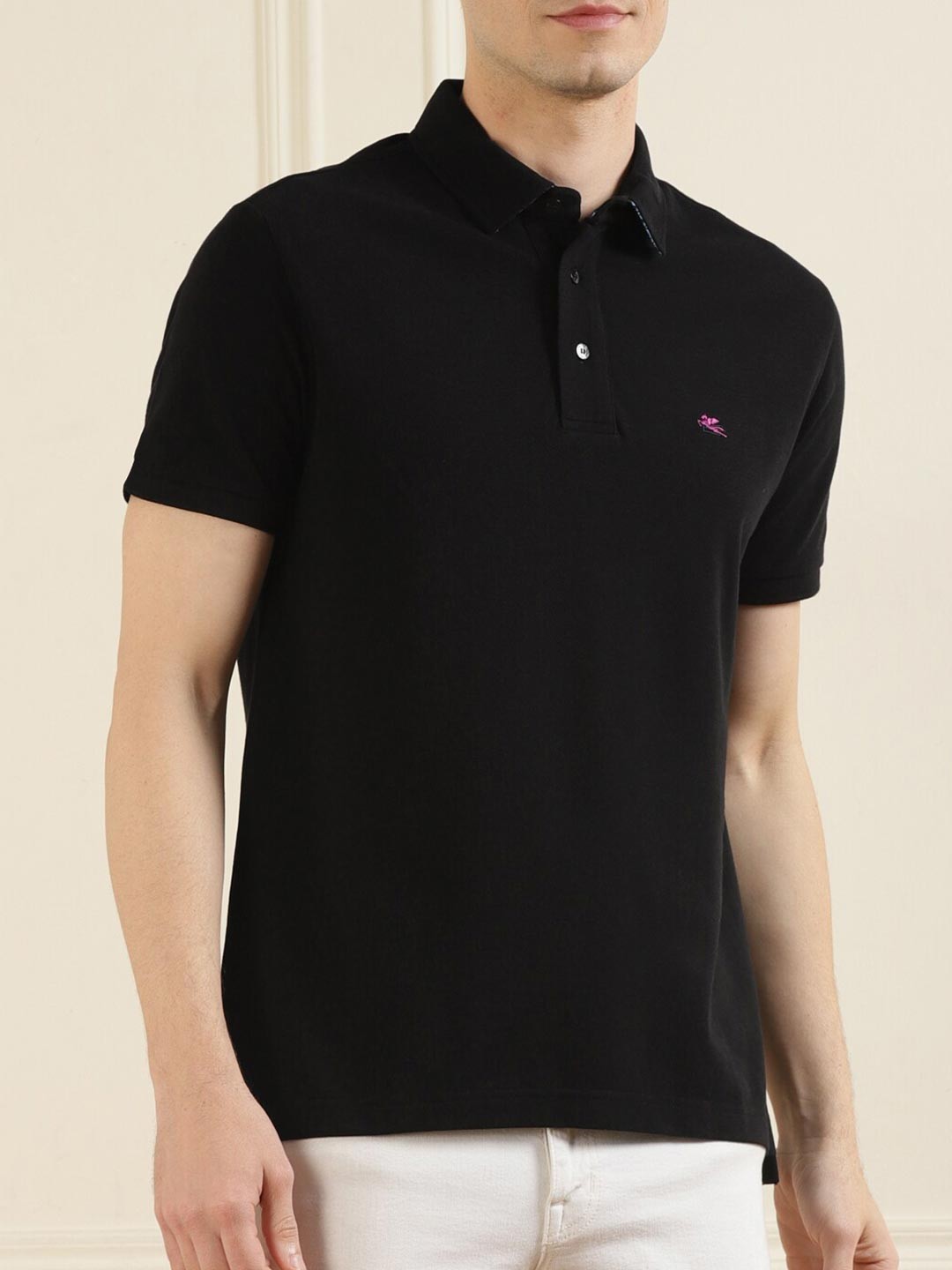 

ETRO Men Black Polo Collar Pure Cotton T-shirt