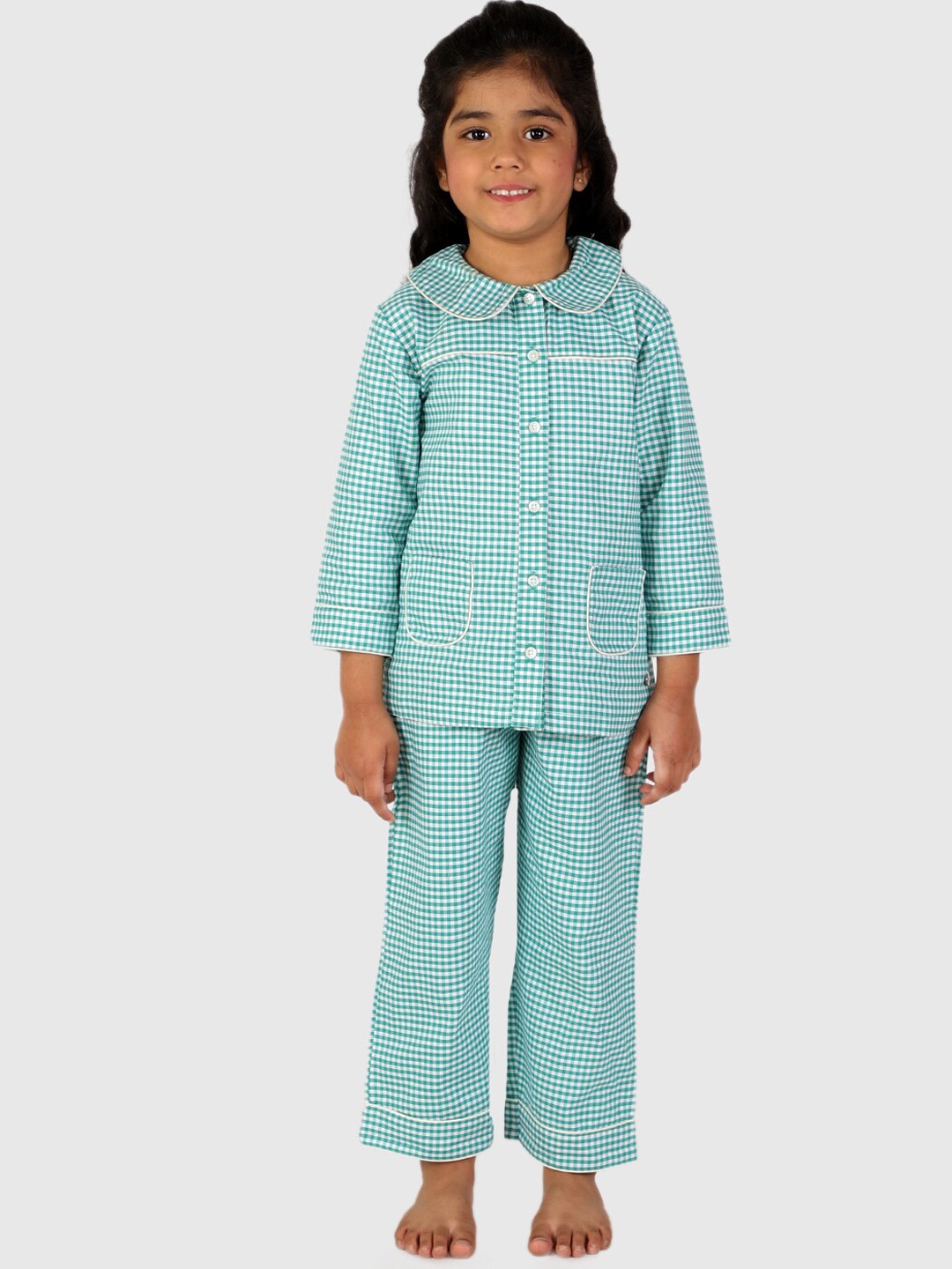 

White Dahlia Kids Green Checked Night suit
