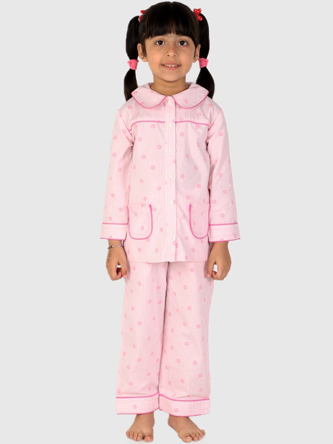 

White Dahlia Kids Pink Striped & Floral Printed Night suit