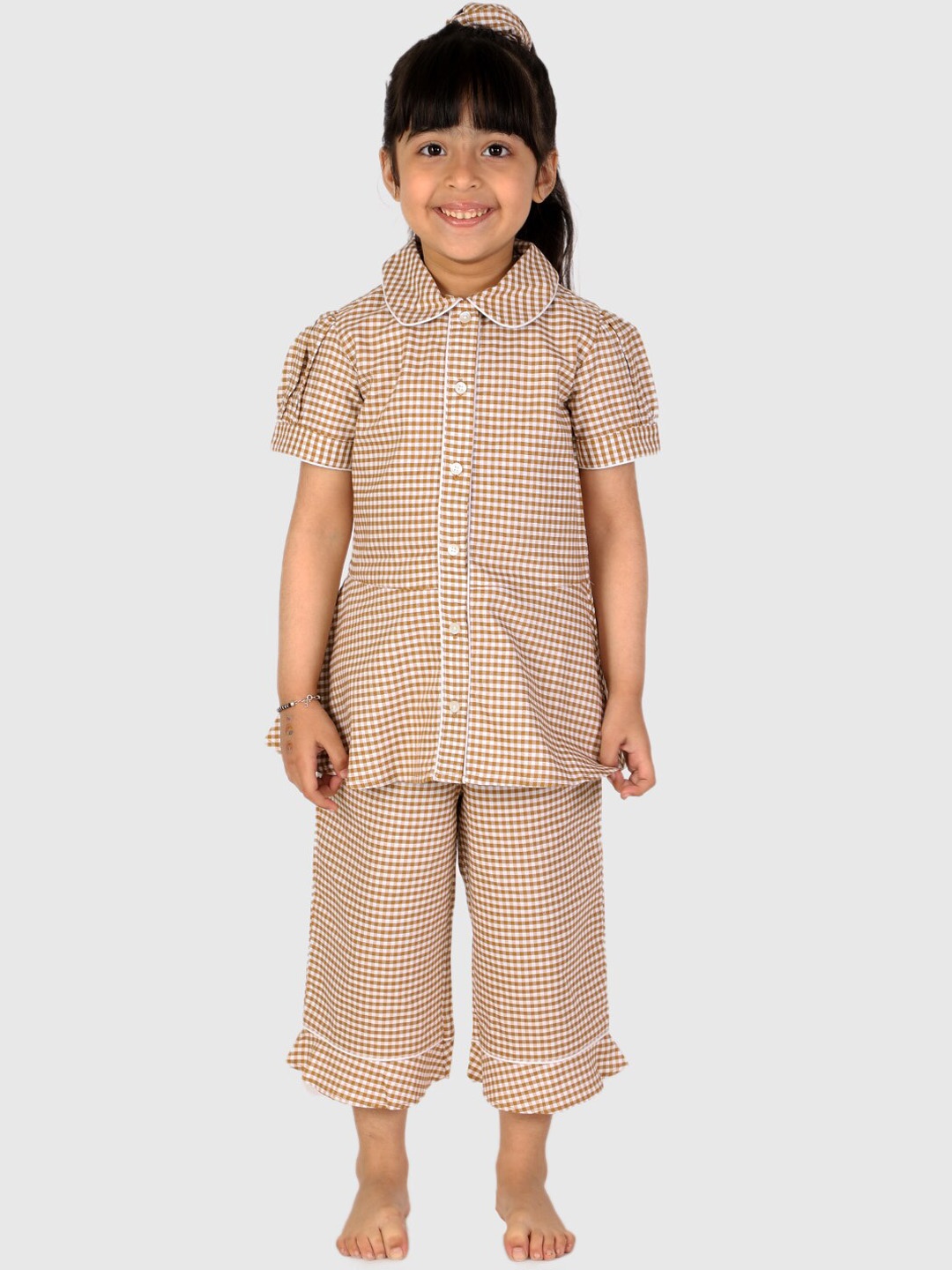 

White Dahlia Girls Brown & White Gingham Checked Cotton Night suit