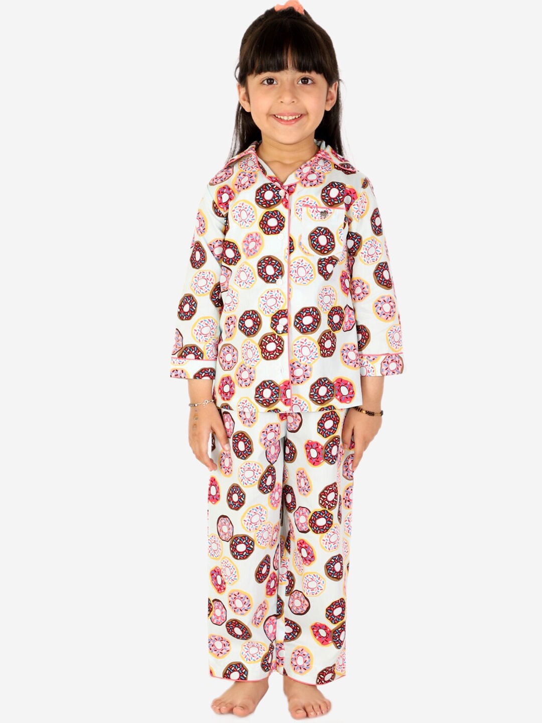 

White Dahlia Girls Cream-Coloured & Brown Cotton Printed Night suit