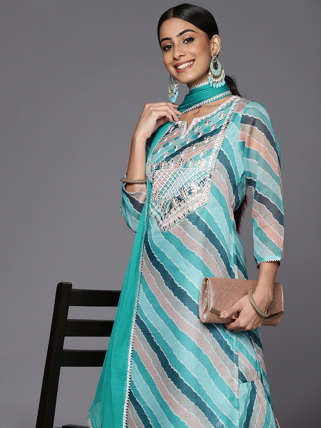 

Varanga Women Teal Leheriya Printed Gotta Patti Chanderi Cotton Kurta with Sharara & With Dupatta