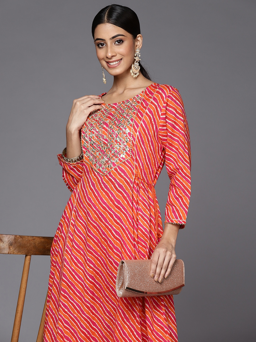 

Varanga Women Orange & Pink Leheriya Printed Gotta Patti Cotton Anarkali Kurta