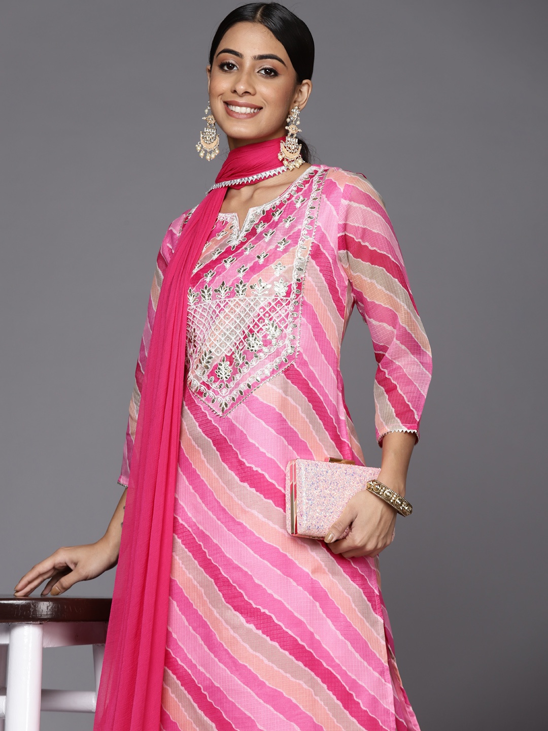 

Varanga Women Pink Leheriya Printed Gotta Patti Chanderi Cotton Kurta with Sharara & With Dupatta