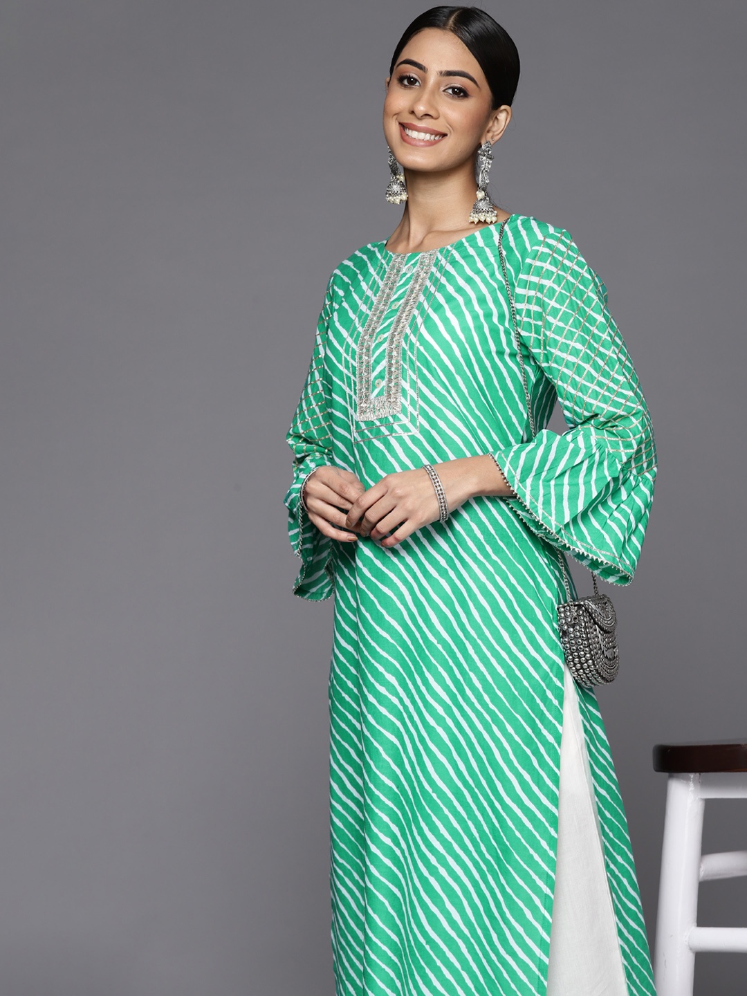 

Varanga Women Green & White Leheriya Printed Bell Sleeves Gotta Patti Kurta