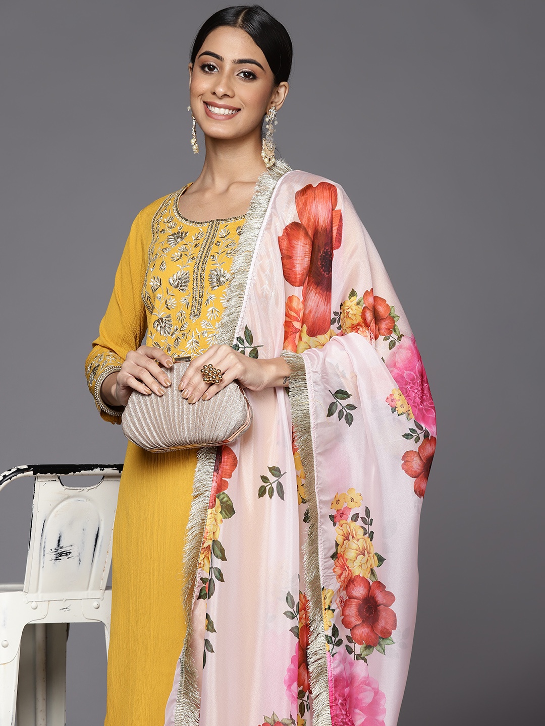 

Varanga Women Mustard Yellow Floral Embroidered Zardozi Kurta with Trousers & With Dupatta