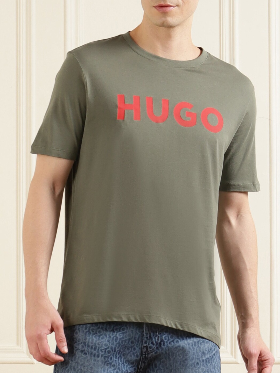 

HUGO Men Green Typography Pure Cotton T-shirt
