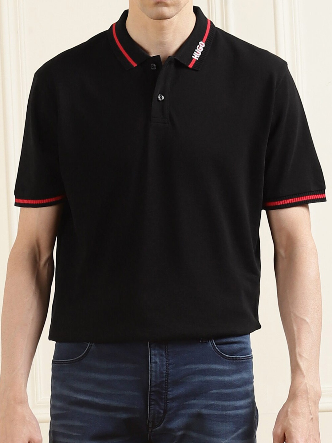 

HUGO Men Black Polo Collar Pure Cotton T-shirt