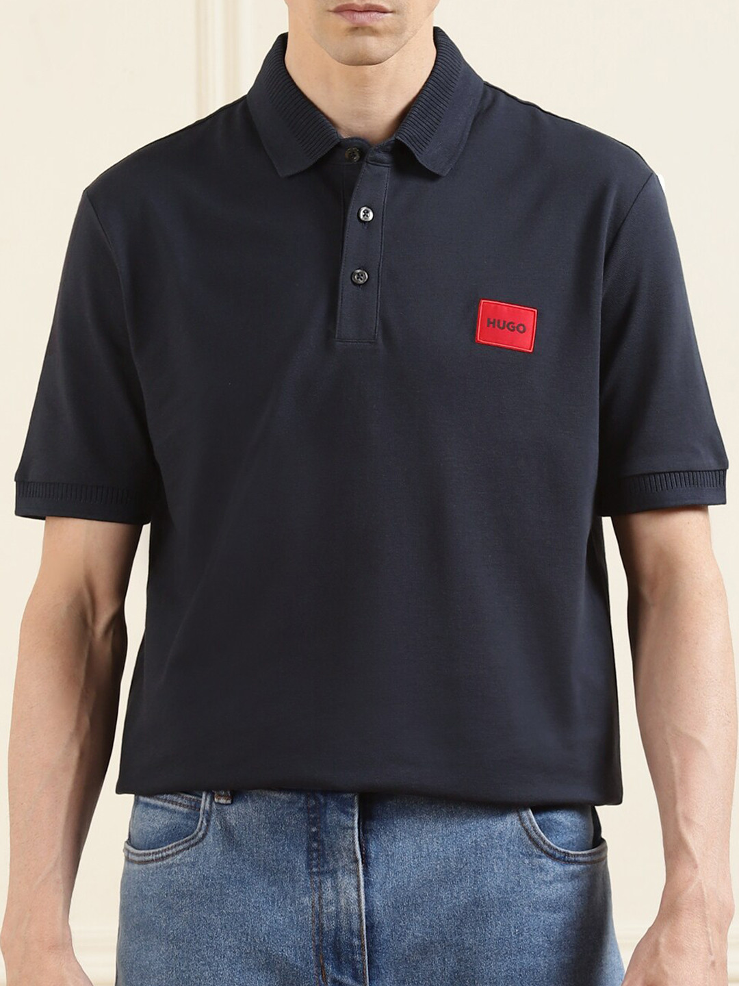 

HUGO Men Navy Blue Polo Collar Pure Cotton Applique T-shirt