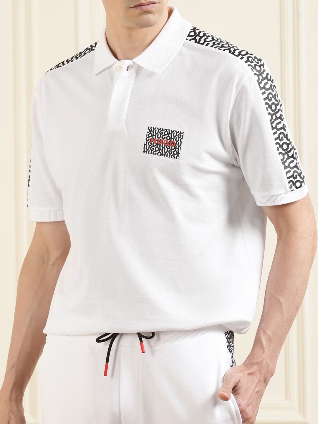 

HUGO Men White Typography Polo Collar Pure Cotton T-shirt