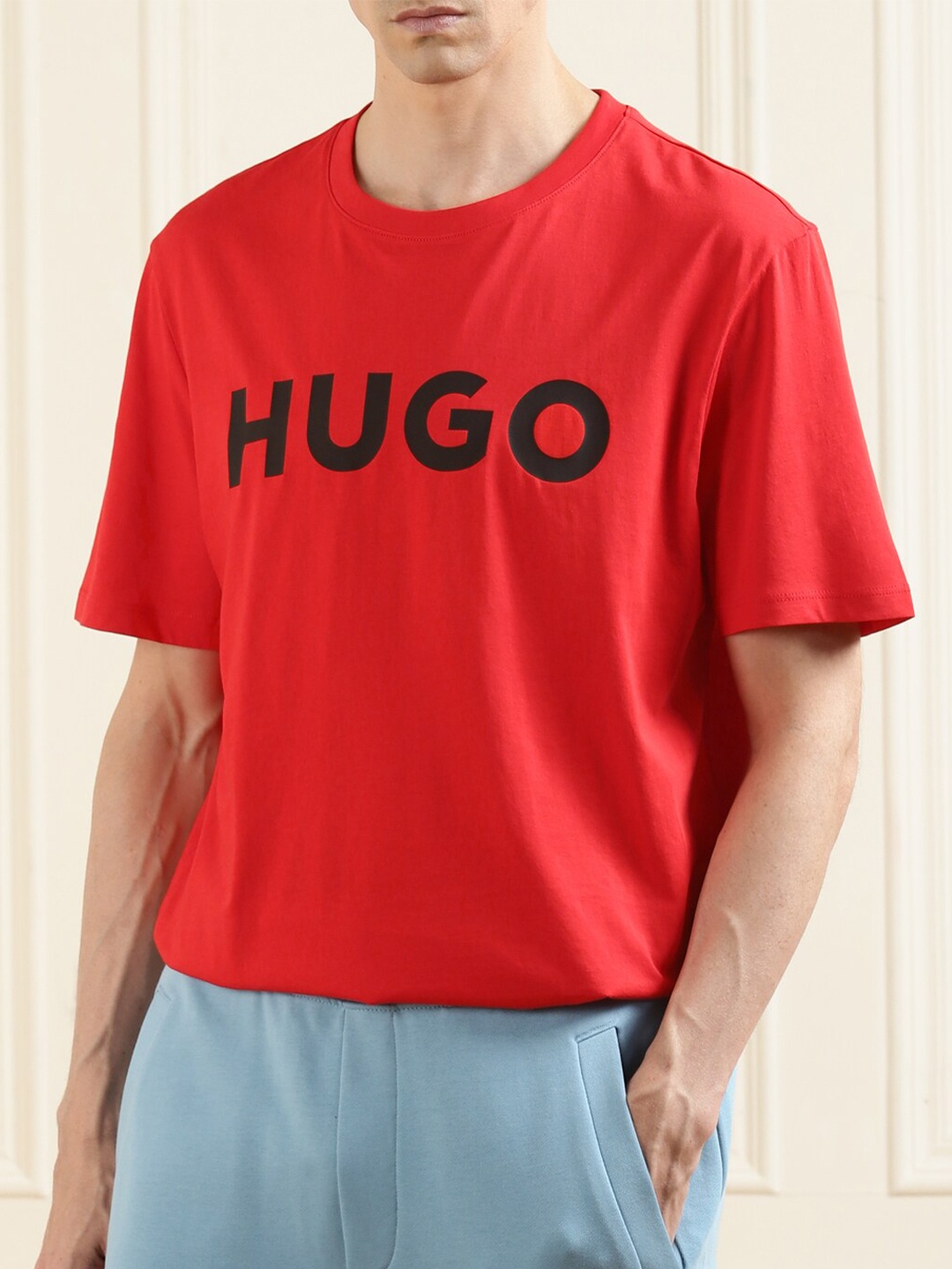 

HUGO Men Red Typography Pure Cotton T-shirt