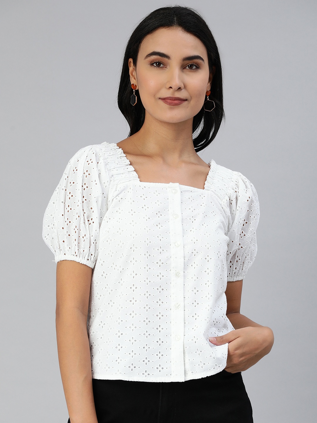 

ANI Women White Solid Pure Cotton Schiffli Top