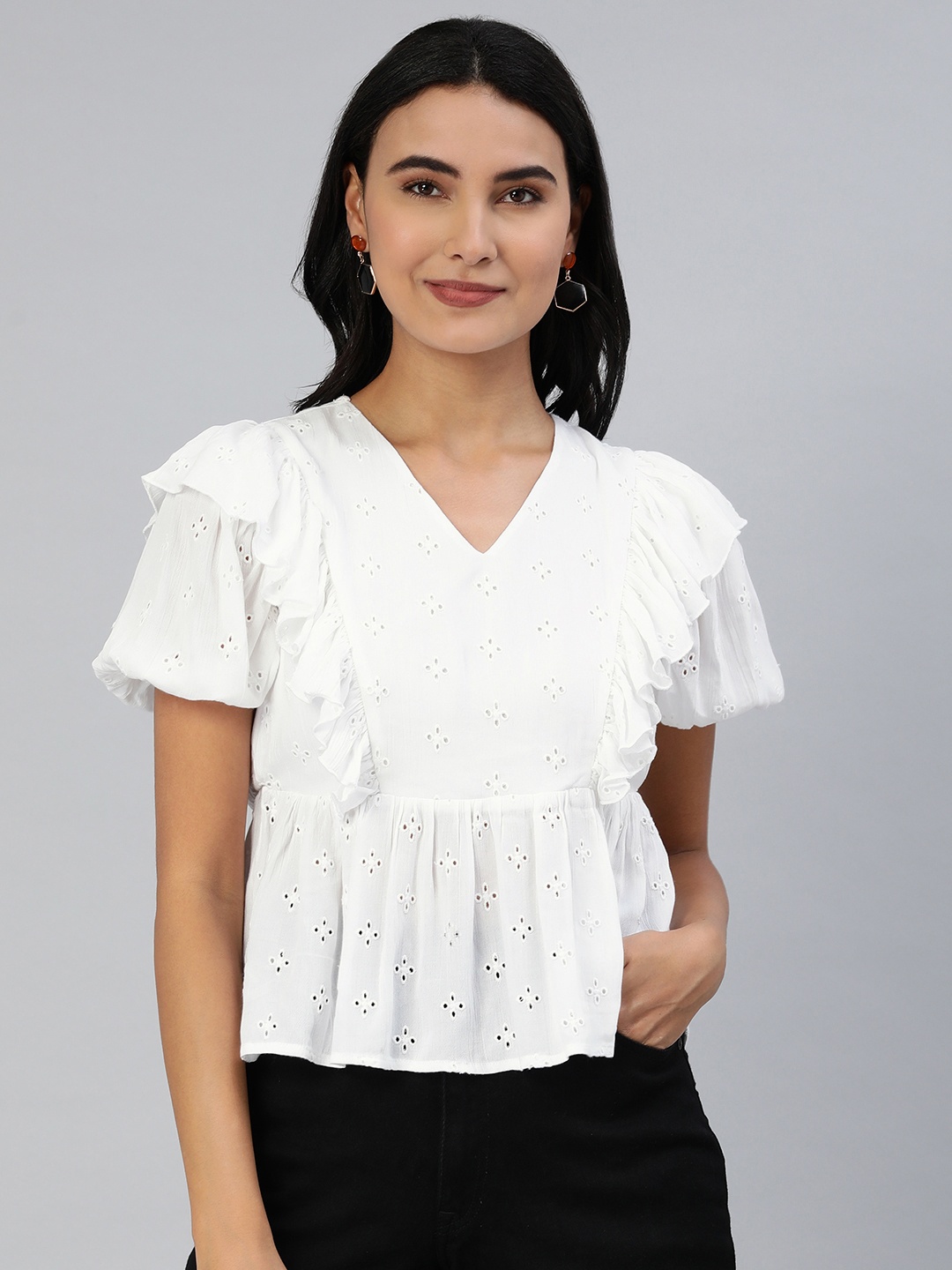 

ANI White Floral Embroidered Ruffles Schiffli A-Line Top