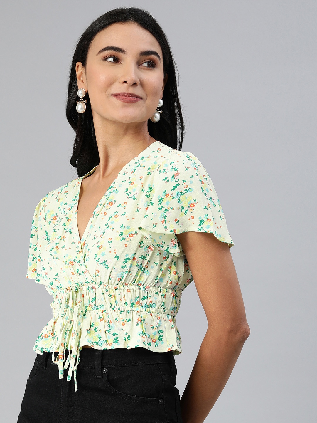 

ANI Green & Orange Floral Print Crepe Wrap Top with Waist Tie-Ups