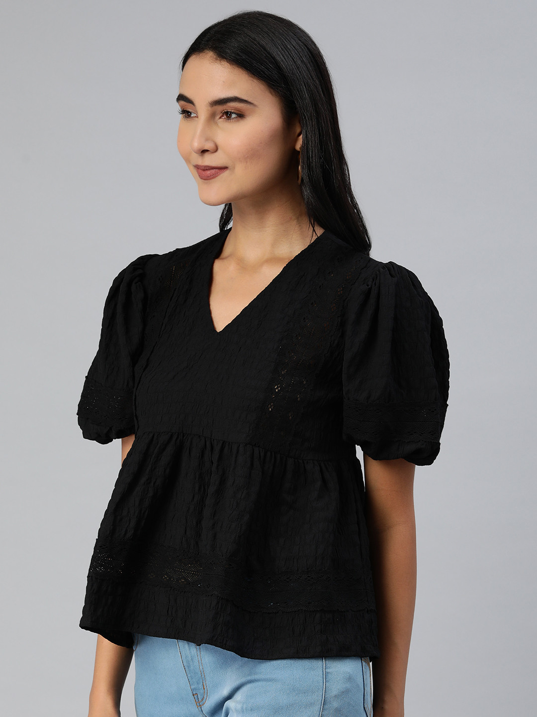 

ANI Black Solid Smocked lace Inserts A-Line Top