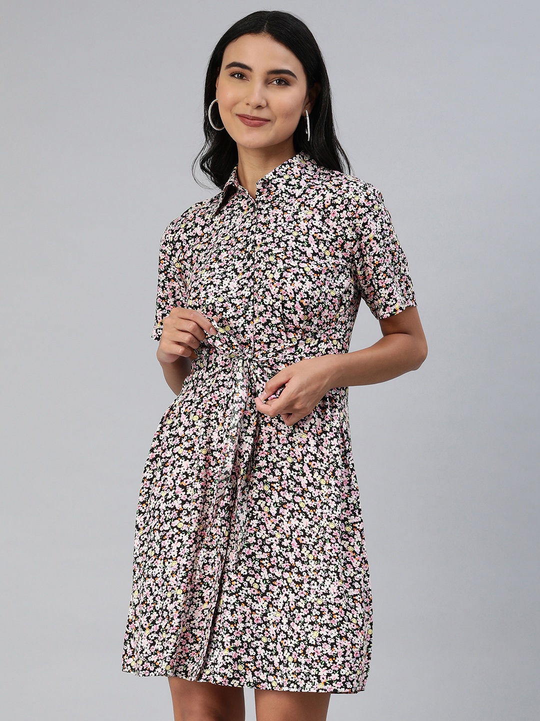 

EVERYDAY by ANI Black & Pink Ditsy Floral Print Shirt Dress with Waist Tie-Ups