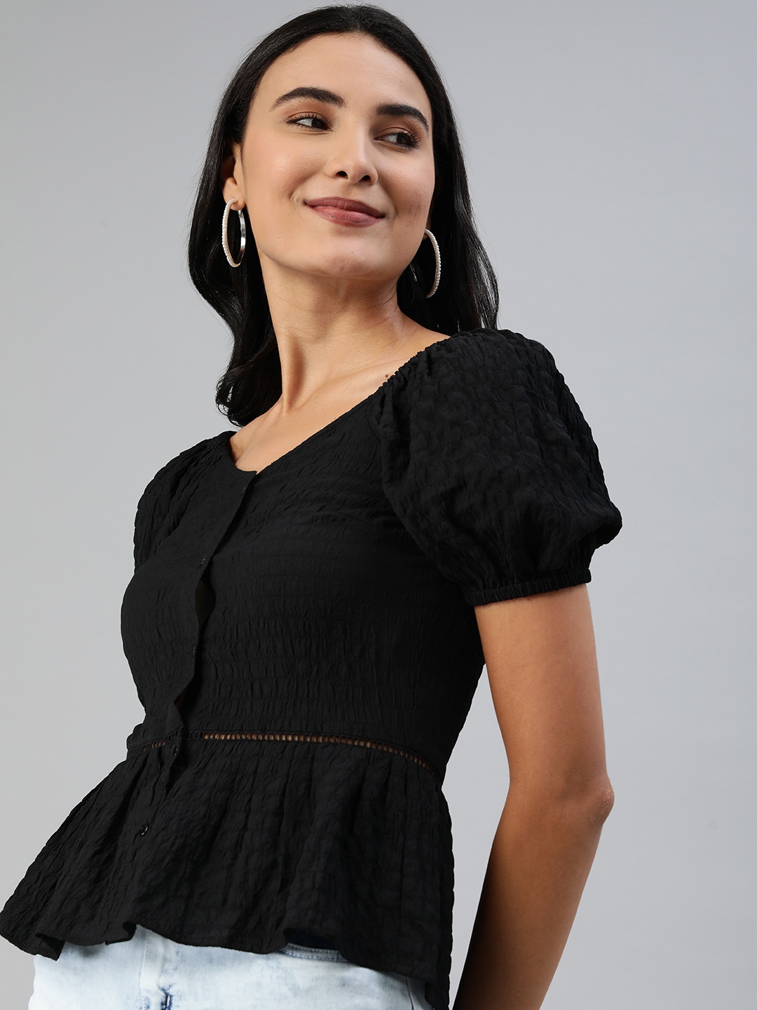 

ANI Black Solid Seersucker Peplum Top with Lace Inserts