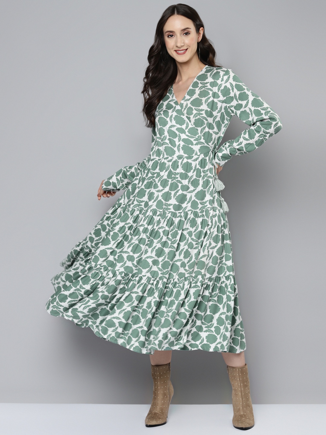 

Femella Sage Green & White Floral Wrap Midi Tiered Dress