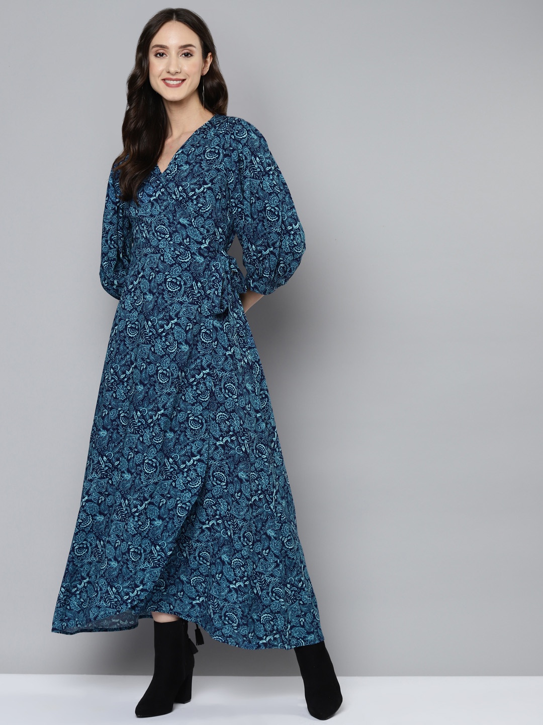 

Femella Navy Blue Paisley Printed Wrap Maxi Dress