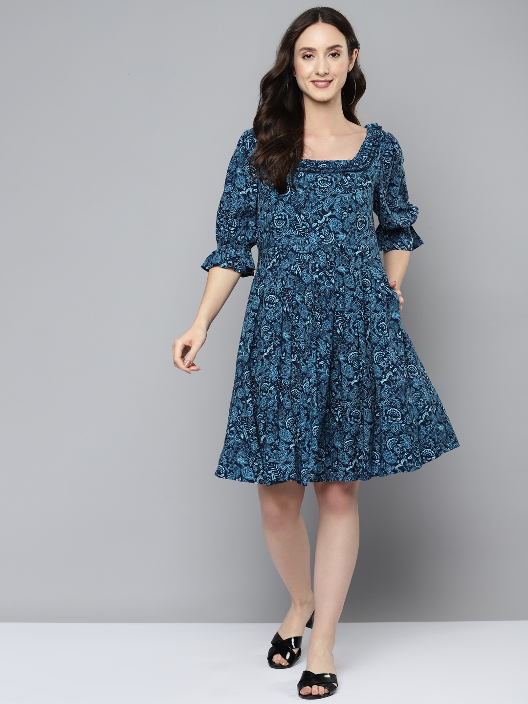 

Femella Navy Blue Paisley Print Smocked A-Line Dress