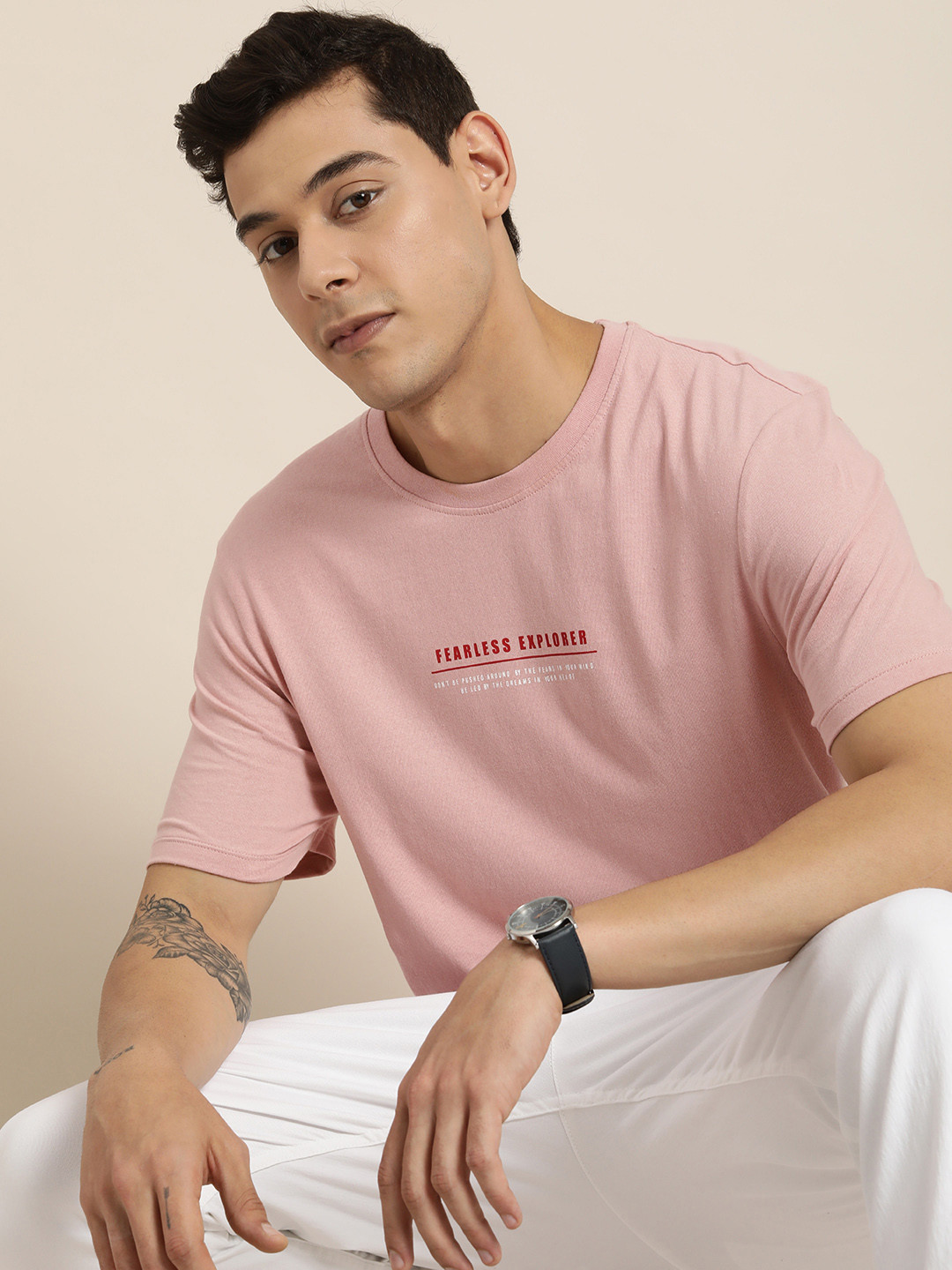 

INVICTUS Men Typography Print Round Neck Pure Cotton T-shirt, Pink