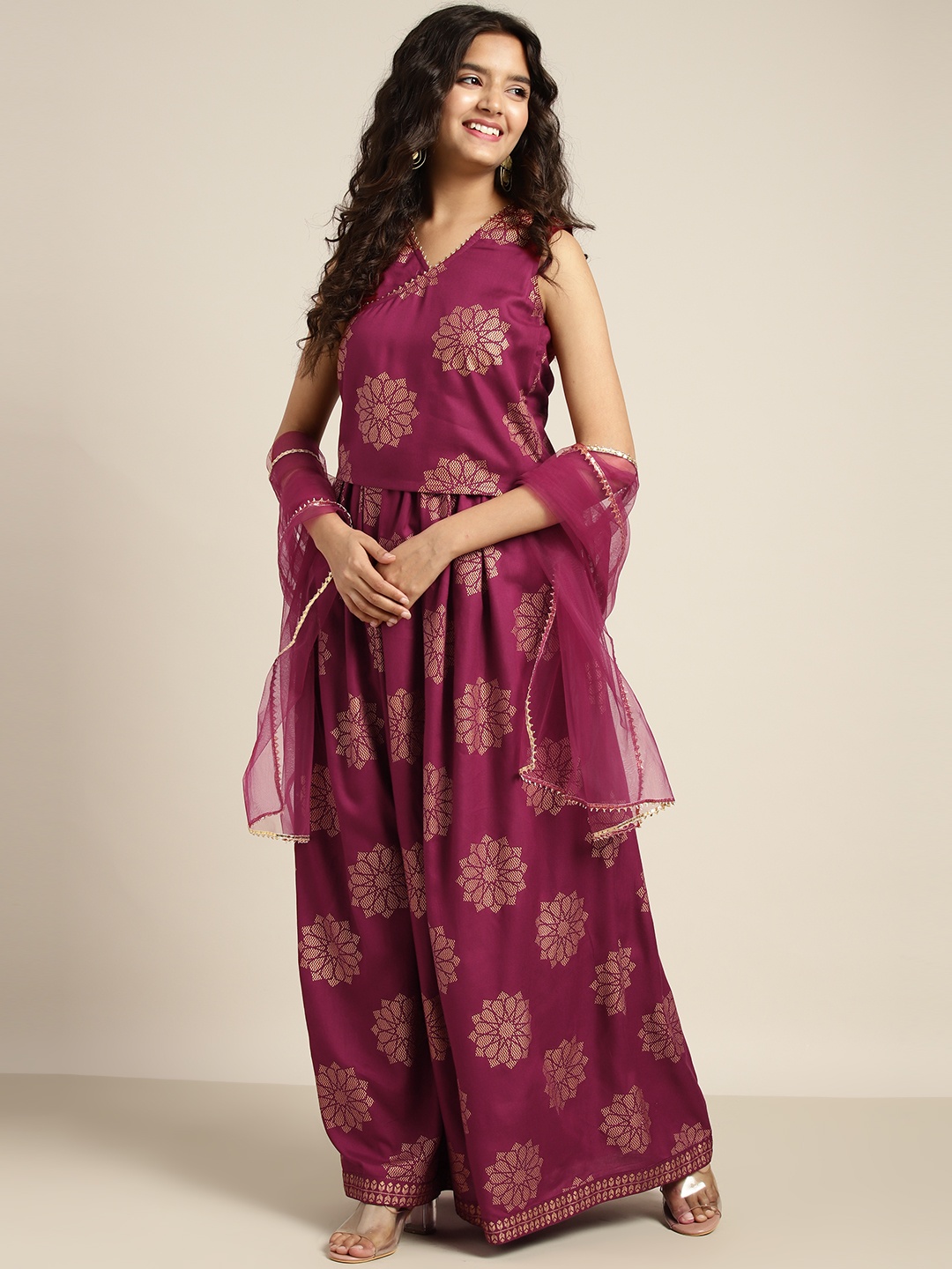 

Sangria Girls Maroon & Golden Ethnic Motifs Print Ready to Wear Lehenga Choli