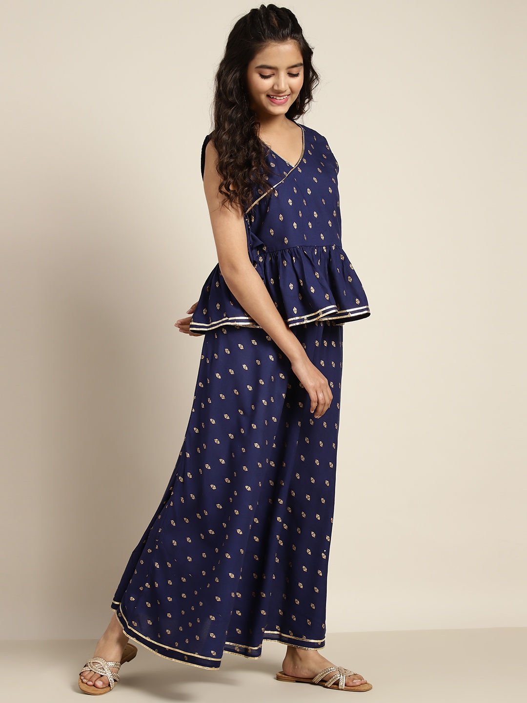 

Sangria Girls Navy Blue & Golden Ethnic Motifs Print Ready to Wear Lehenga Choli