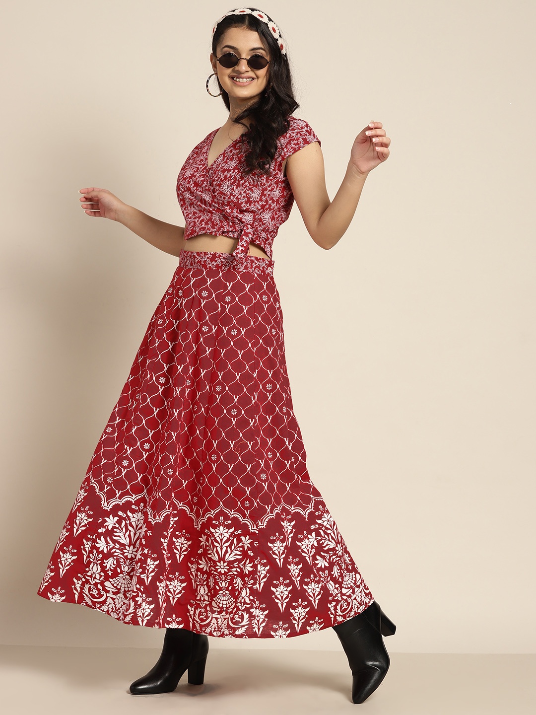 

Sangria Teen Girls Burgundy & White Ethnic Motifs Print Ready to Wear Cotton Lehenga Choli