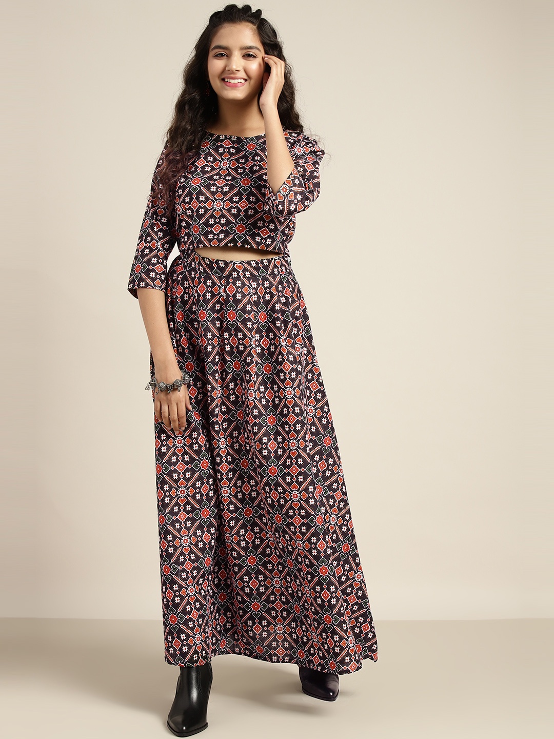 

Sangria Girls Black & Red Ethnic Motifs Print Pure Cotton Ready to Wear Lehenga & Choli