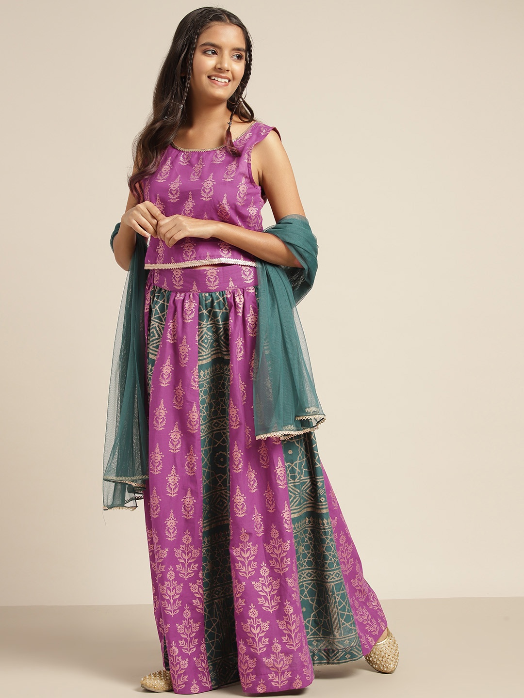 

Sangria Girls Purple & Green Ethnic Motifs Print Ready to Wear Lehenga Choli with Dupatta