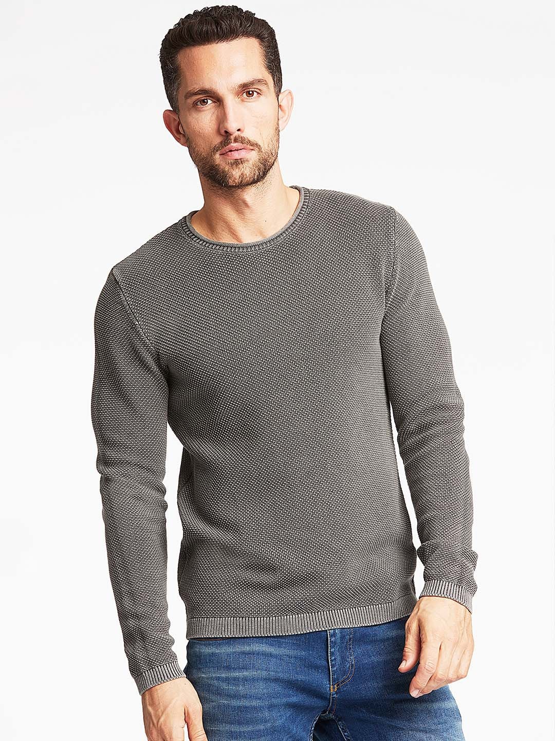 

LINDBERGH Men Grey Ribbed Organic Cotton Pullover