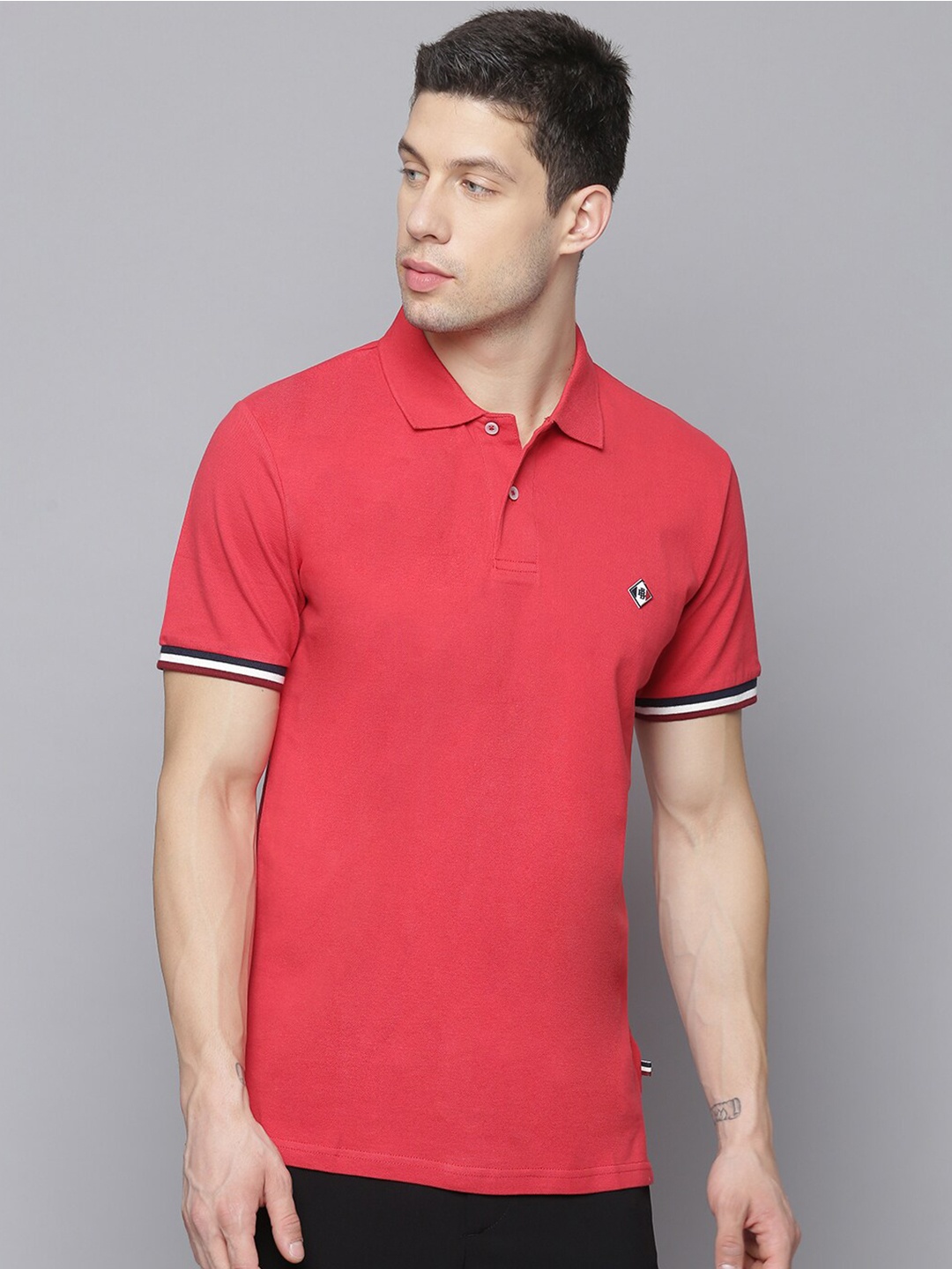 

LINDBERGH Men Red Polo Collar Pure Cotton Slim Fit T-shirt