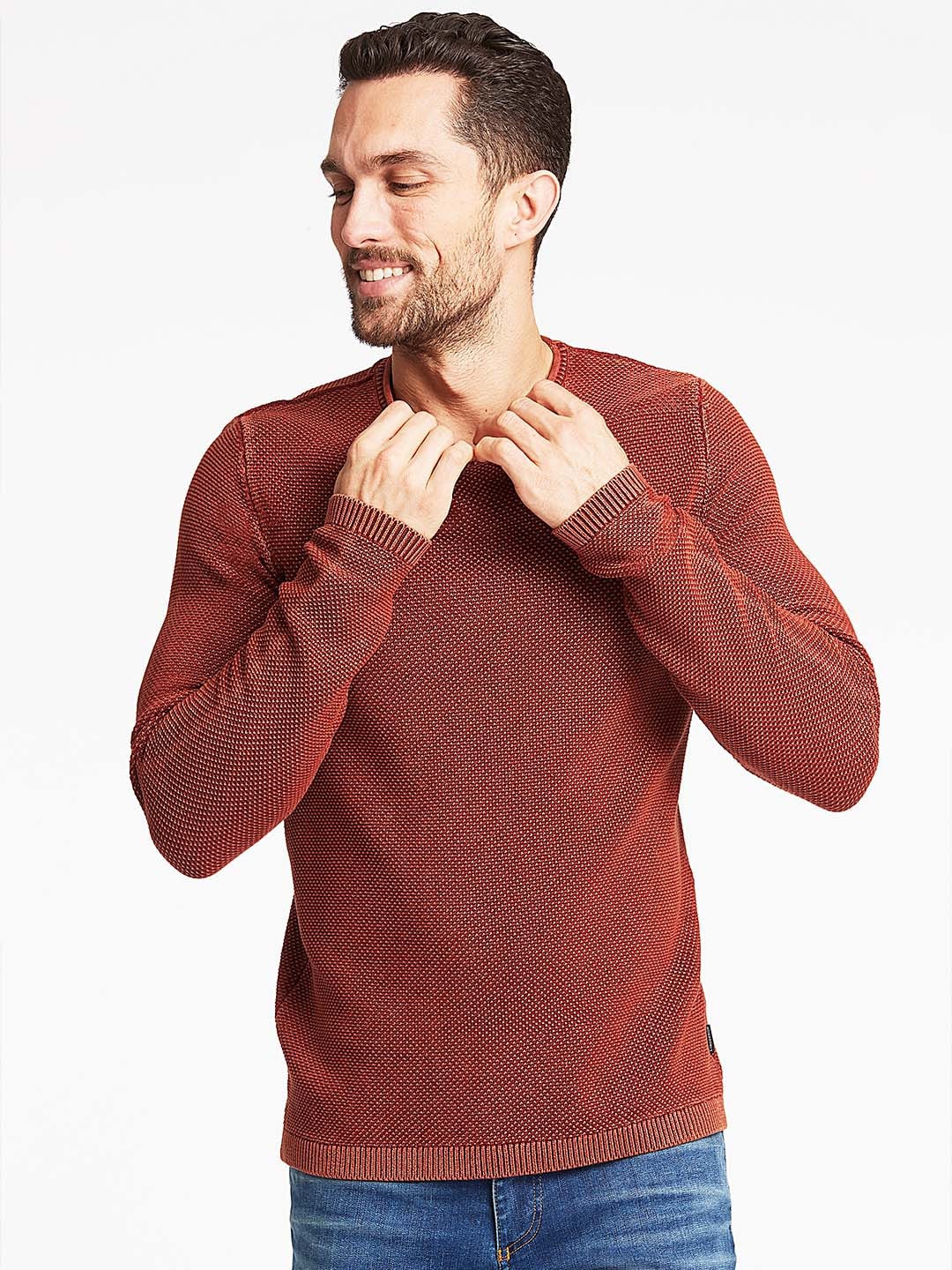 

LINDBERGH Men Rust Ribbed Organic Cotton Pullover