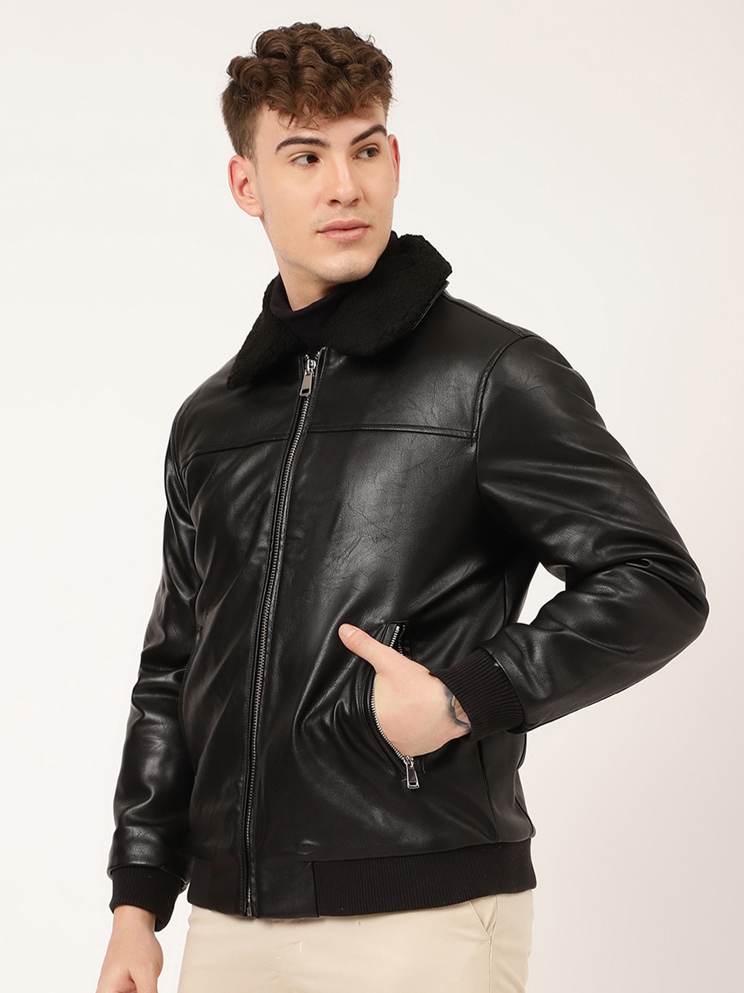 

LINDBERGH Men Black Solid Relaxed Fit Biker Jacket
