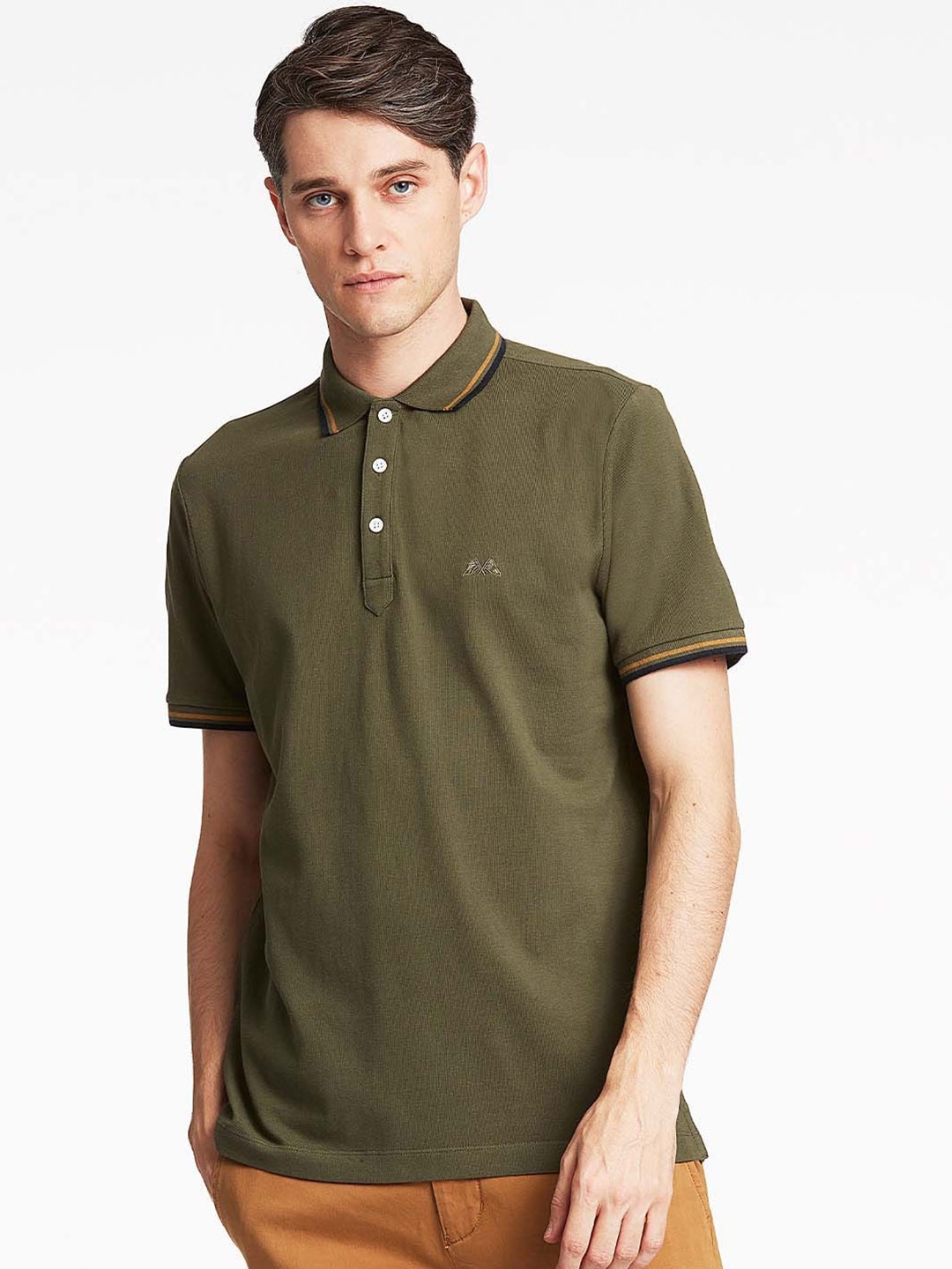 

LINDBERGH Men Olive Green Polo Collar Slim Fit T-shirt
