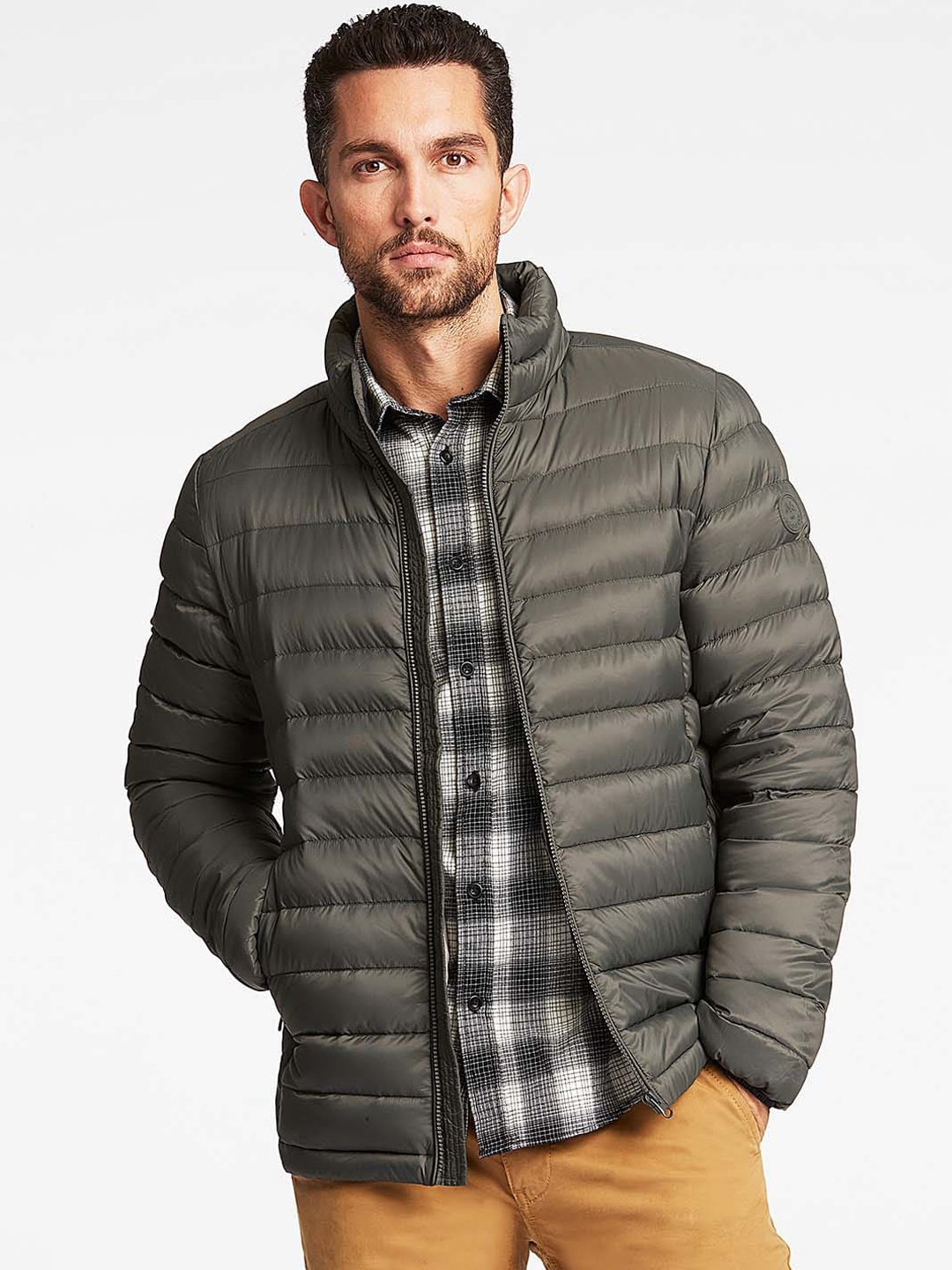 

LINDBERGH Men Olive Green Camouflage Checked Longline Puffer Jacket