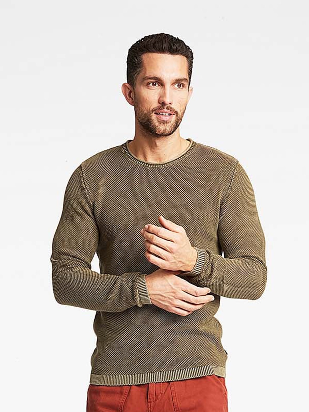 

LINDBERGH Men Olive Green Cable Knit Organic Cotton Pullover