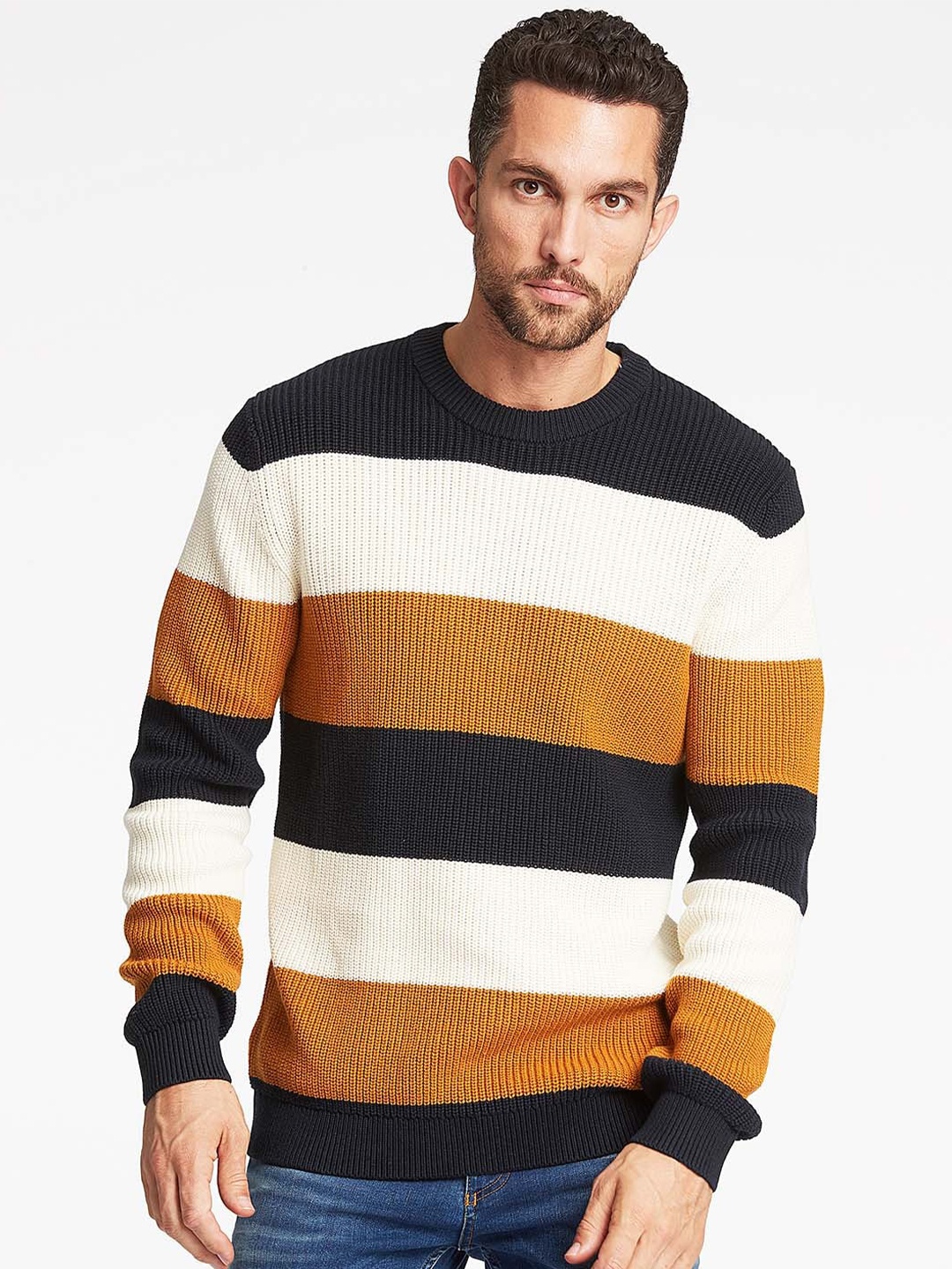 

LINDBERGH Men Navy Blue & White Striped Colourblocked Organic Cotton Pullover