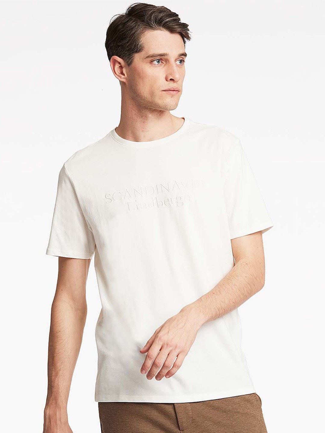 

LINDBERGH Men Off White Organic Cotton Raw Edge T-shirt