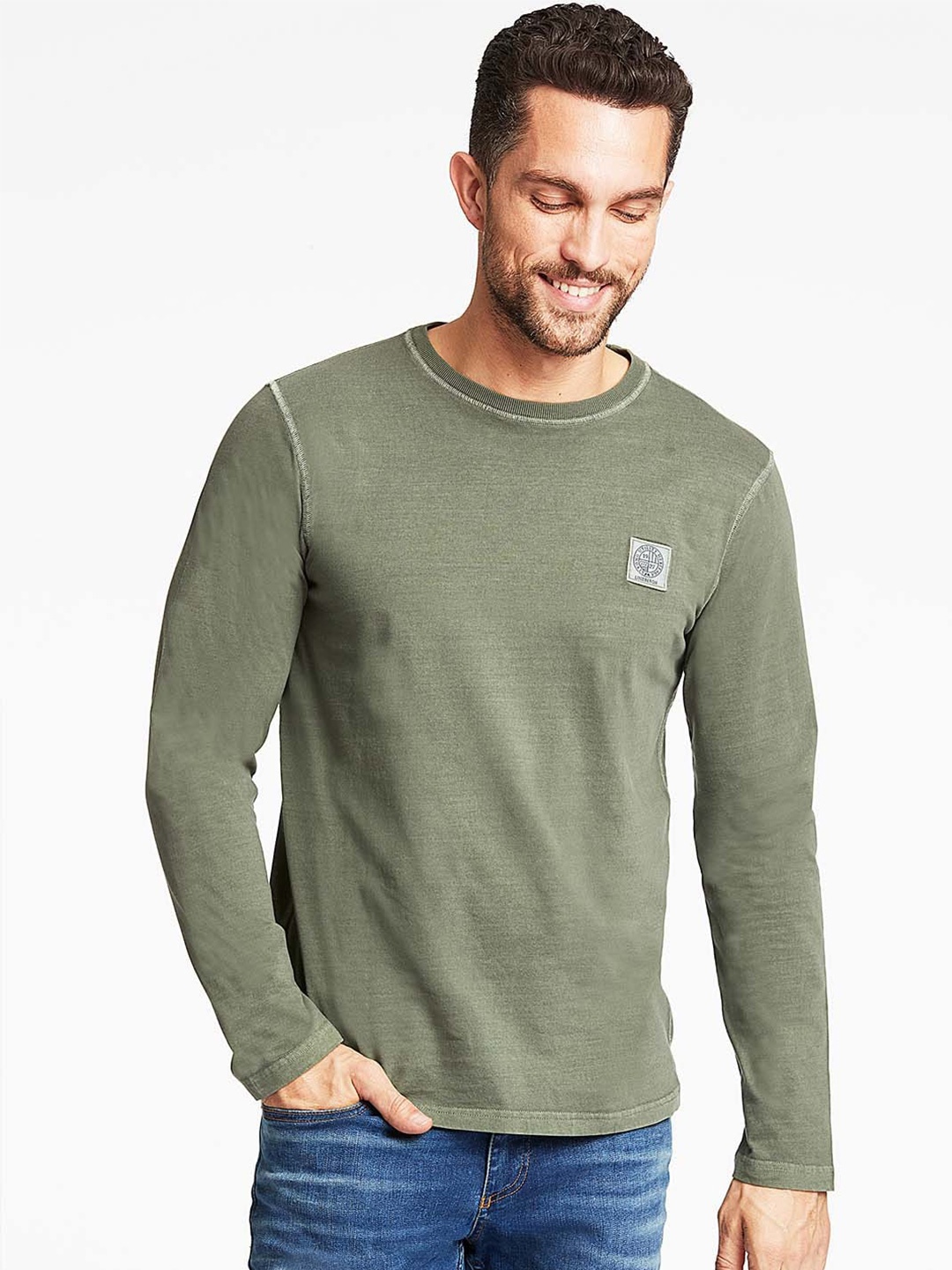 

LINDBERGH Men Olive Solid Green Pure Cotton T-shirt
