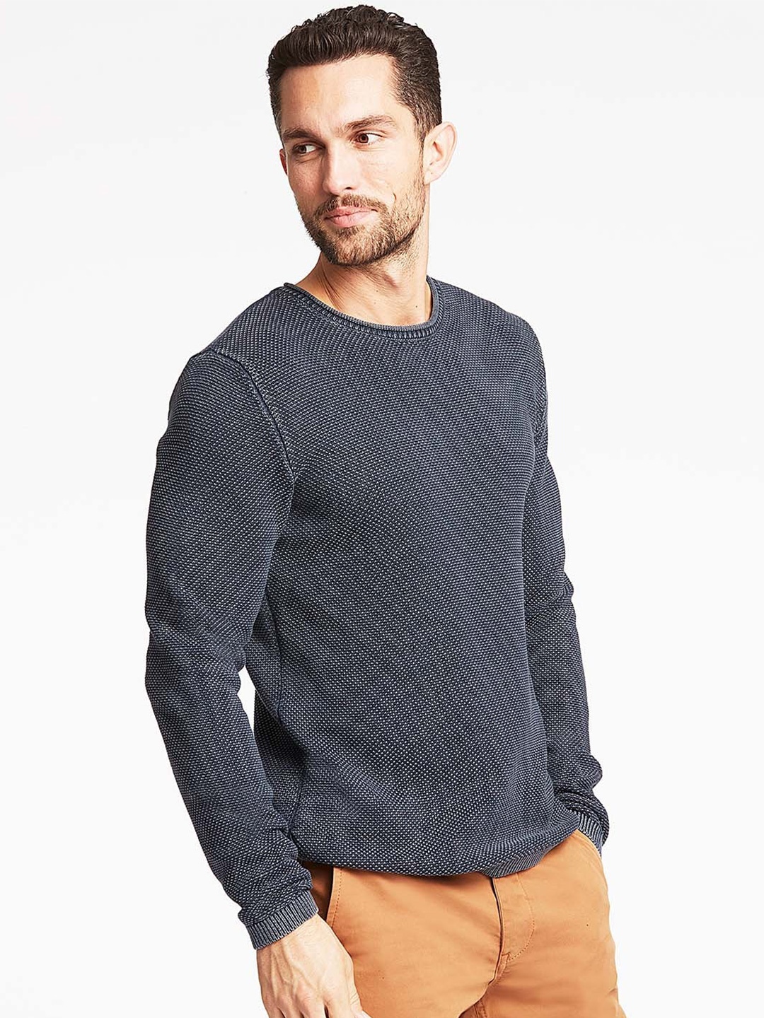 

LINDBERGH Men Navy Blue Ribbed Organic Cotton Pullover