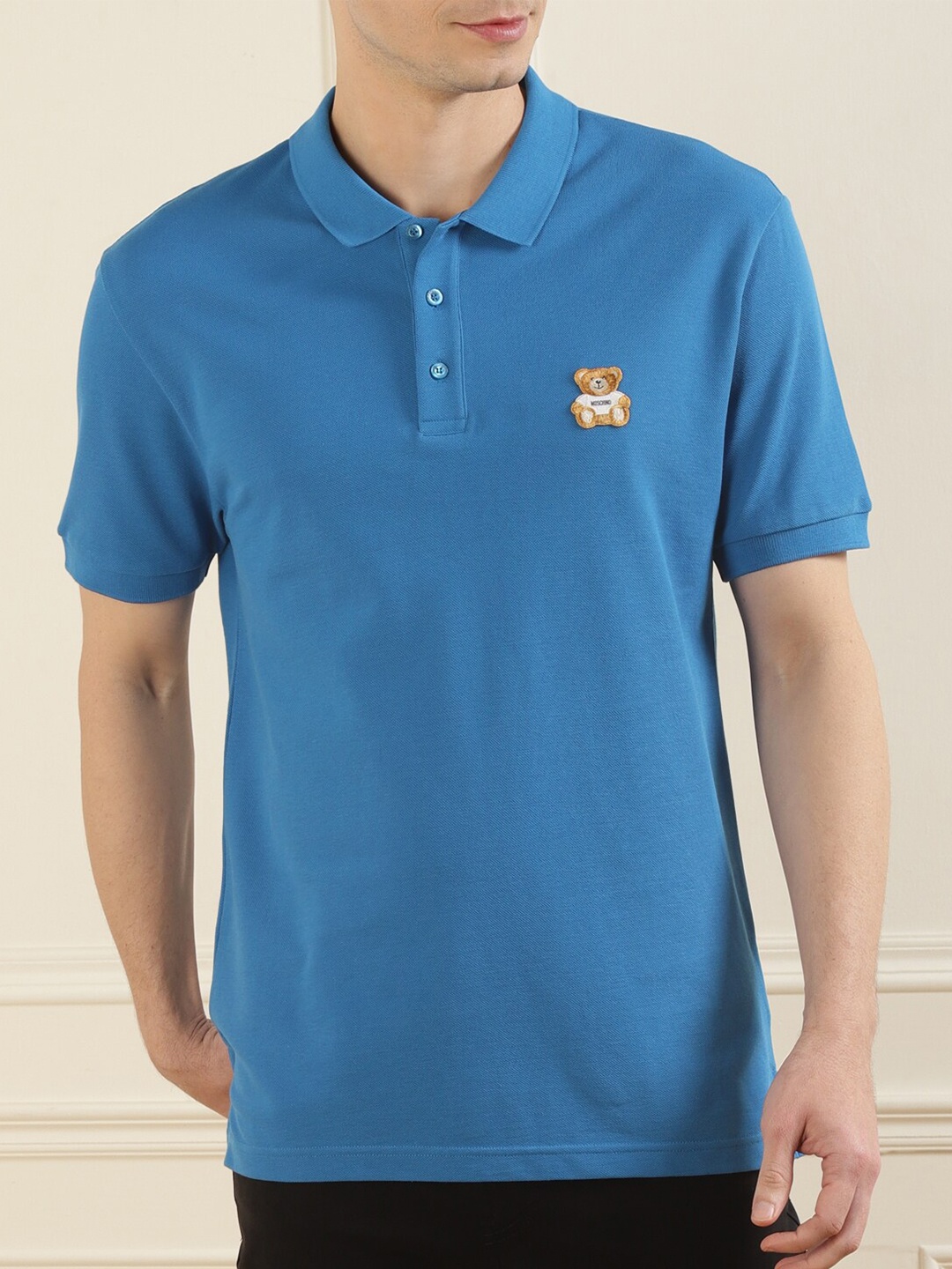 

MOSCHINO COUTURE Men Blue Polo Collar Pure Cotton Teddy Chest Applique T-shirt