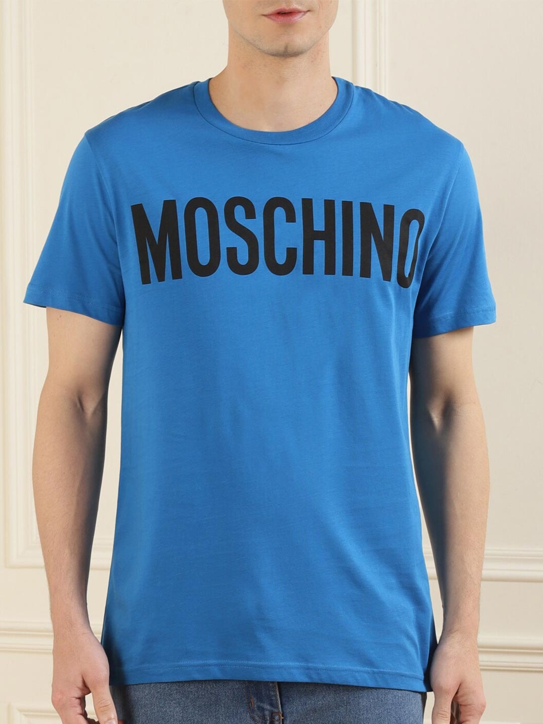 

MOSCHINO COUTURE Men Blue Solid Chest Branding Pure Cotton T-shirt