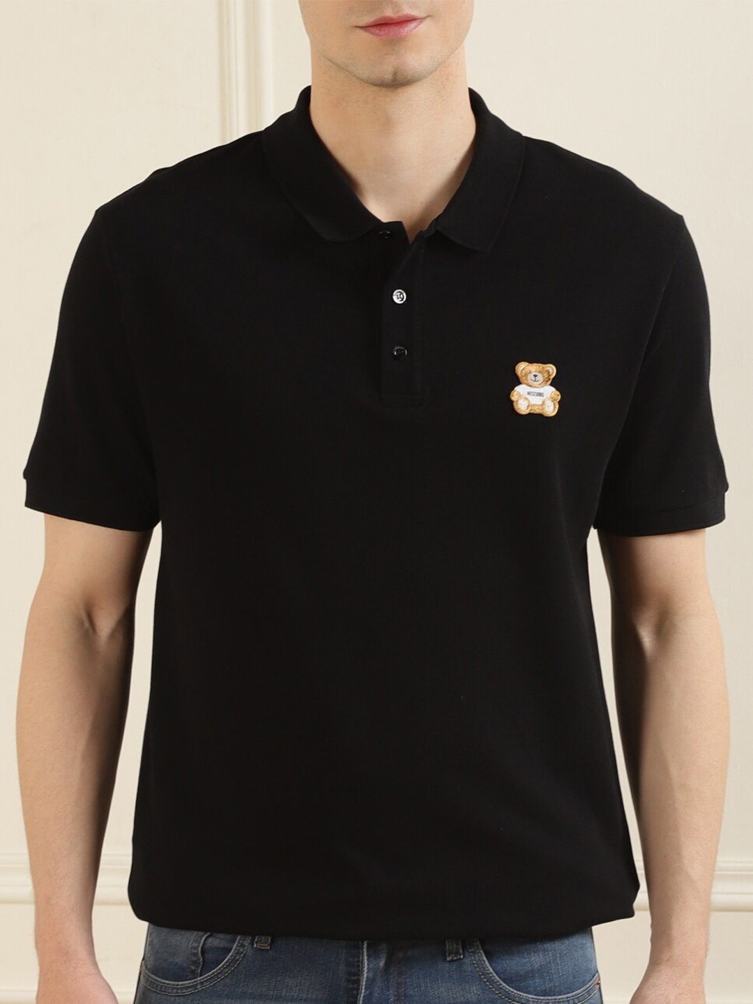 

MOSCHINO COUTURE Men Black Polo Collar Pure Cotton T-shirt