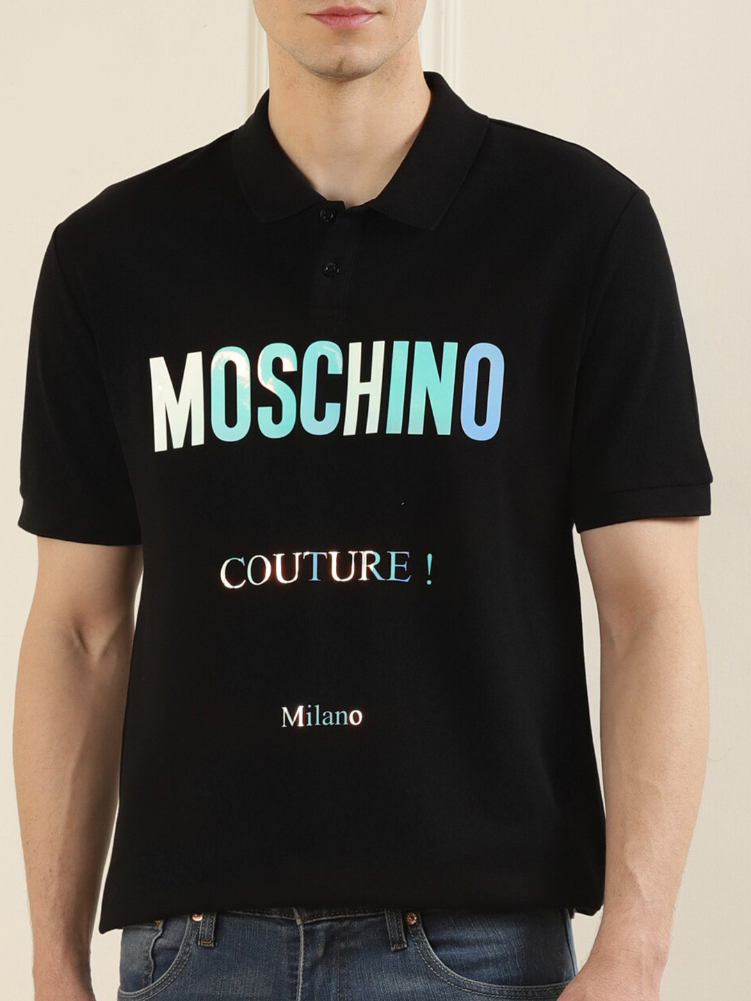 

MOSCHINO COUTURE Men Black Typography Printed Pure Cotton T-shirt