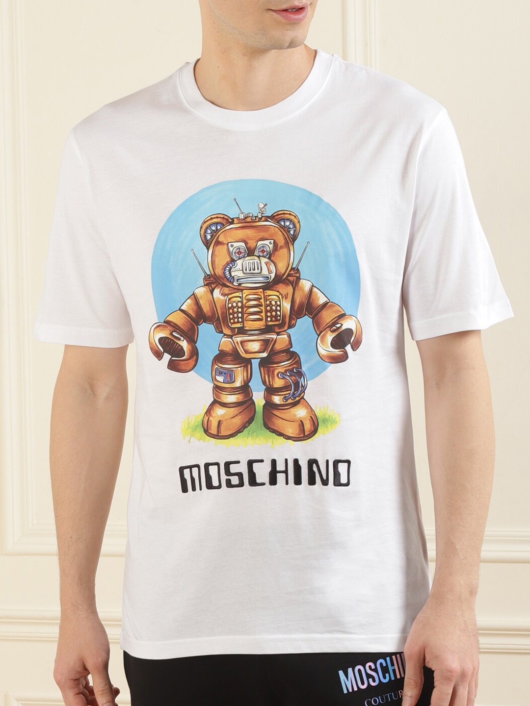 

MOSCHINO COUTURE Men White Teddy Chest Printed Pure Cotton T-shirt