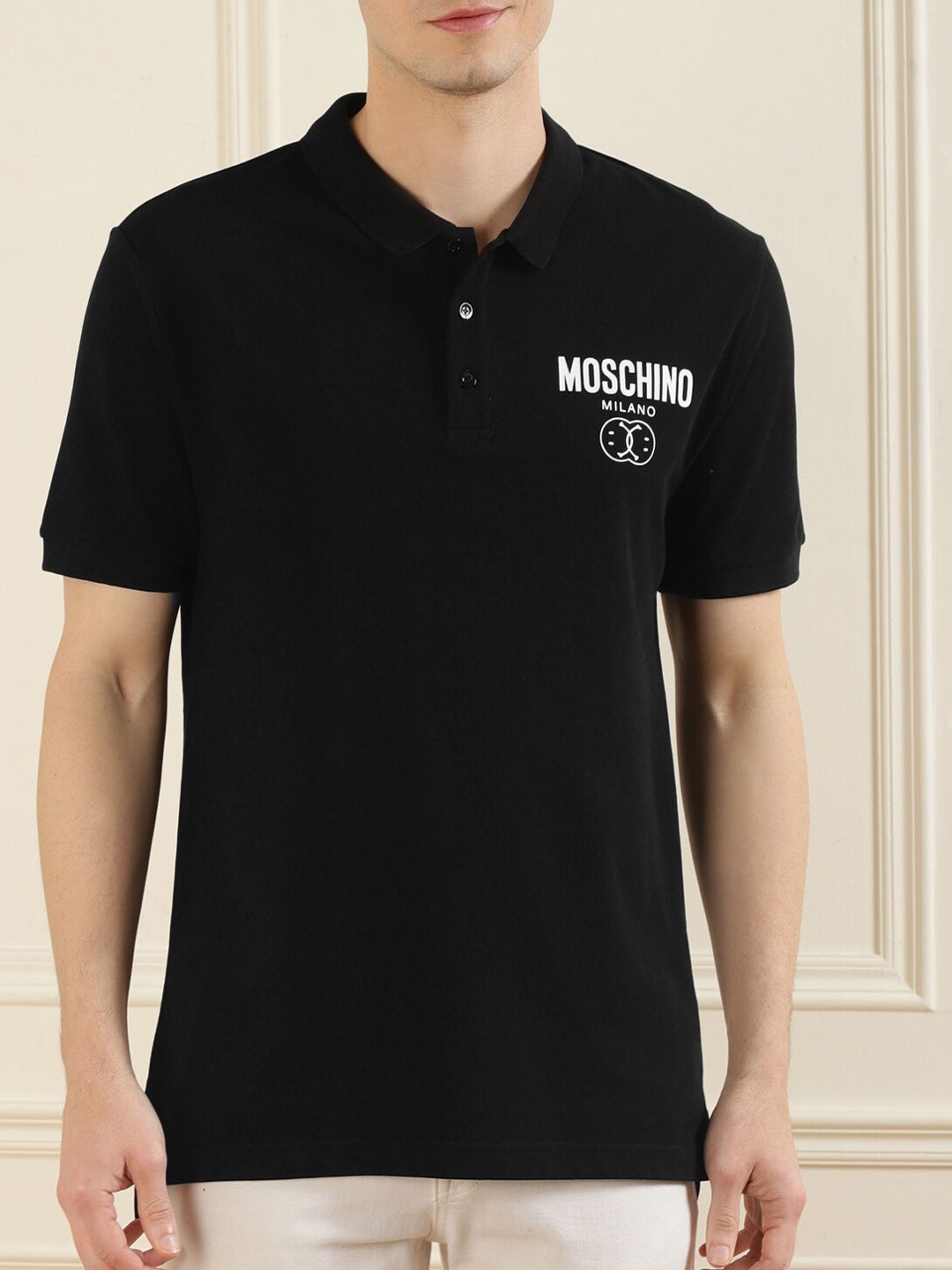 

MOSCHINO COUTURE Men Black Polo Collar Pure Cotton T-shirt