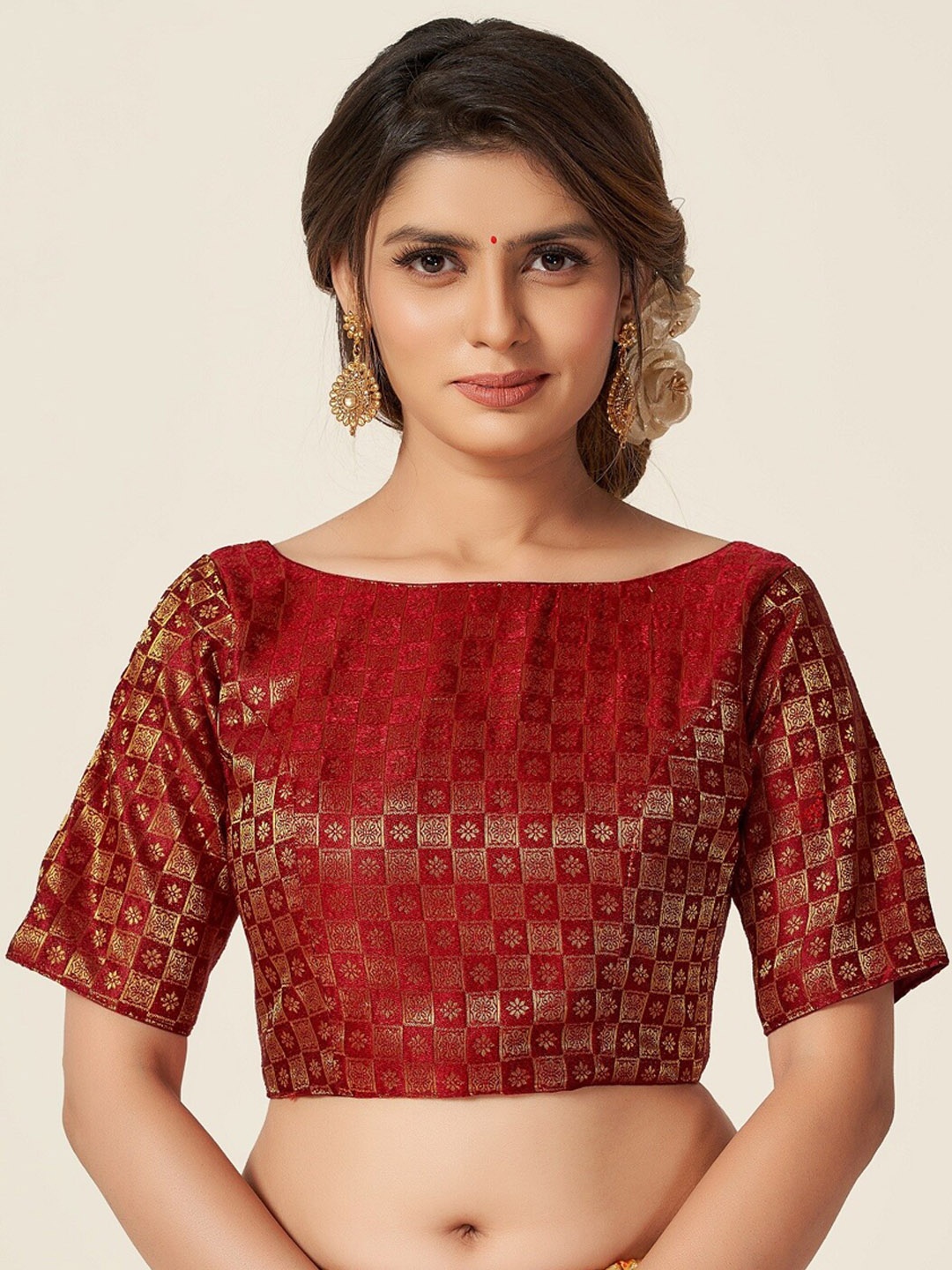 

HIMRISE Women Maroon Woven Design Brocade Saree Blouse